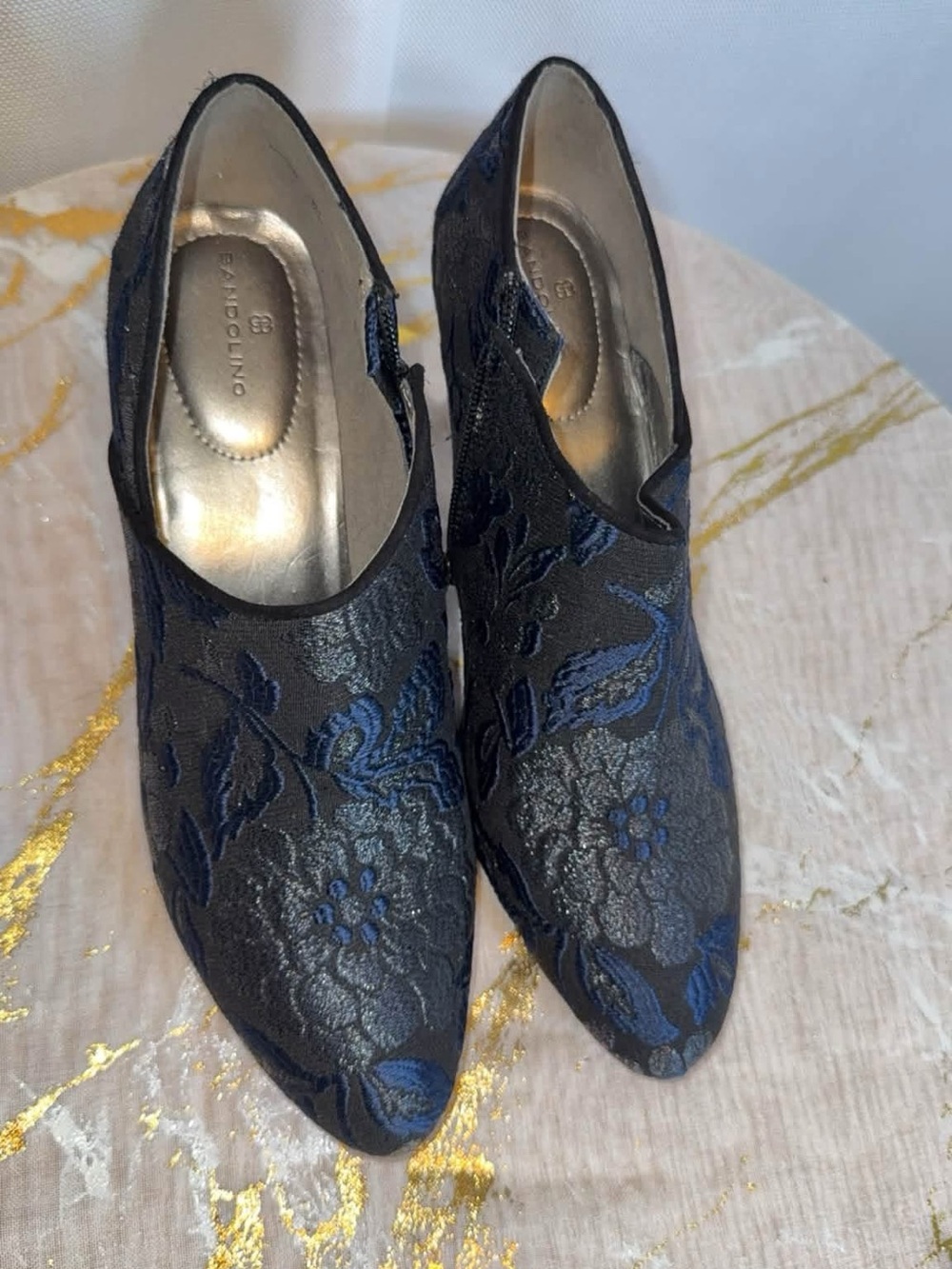 Bandolino Black and Blue Floral Embroidery Pointed-Toe Bootie